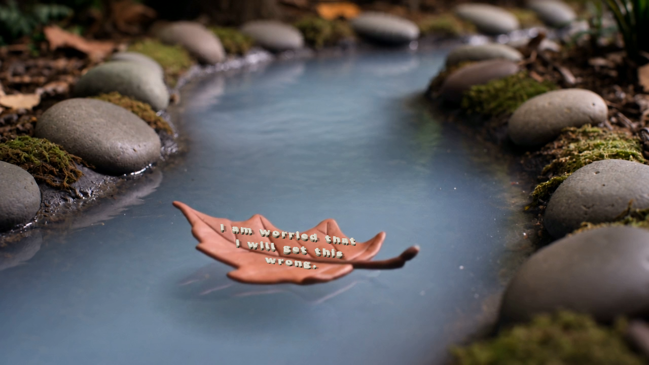 An orange clay leaf on water, with raised words from a made-up thought.